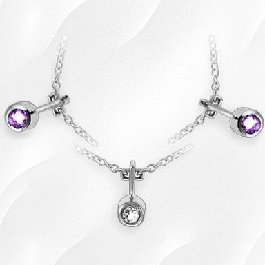 18-A1033 - 18K White Gold Over Sterling Silver Amethyst & Cubic Zirconia Bezel Station Dangle Necklace