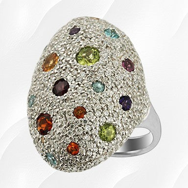 22-9036 - 18K White Gold Over Sterling Silver Burnished Set Scattered Multi-Gemstone & Cubic Zirconia Pave Oval Ring