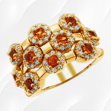 22-C2325 - 18K Yellow Gold Over Sterling Silver Citrine Gemstone & Cubic Zirconia Halo Ten Stone Dream Fit Flex Ring