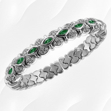 12-T8340 - 18K White Gold Over Sterling Silver Pave and Bezel Set Marquise Tanzanite & Cubic Zirconia Interlock Dream Fit Cuff Bracelet