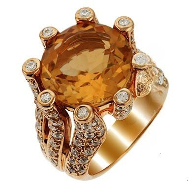 22-C1793 -        18K Yellow Gold Over Sterling Silver Round Cut Citrine & Cubic Zirconia Sunburst Royal Crown Ring