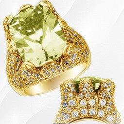 22-L1583 - 18K Yellow Gold Over Sterling Silver Lemon Quartz Gemstone & Cubic Zirconia Elongated Pave Crown Set Ring