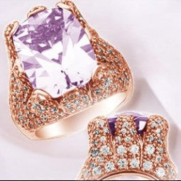 22-P1583 - 18K Rose Gold Over Sterling Silver Pink Amethyst Gemstone & Cubic Zirconia Elongated Pave Crown Set Ring