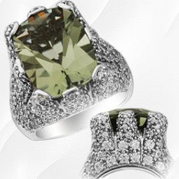22-Q1583 - 18K White Gold Over Sterling Silver Prasiolite Green Amethyst Gemstone & Cubic Zirconia Elongated Pave Crown Set Ring