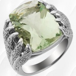 22-Q9593 - 18K White Gold Over Sterling Silver Green Amethyst Gemstone & Cubic Zirconia Hugging Vines Ring