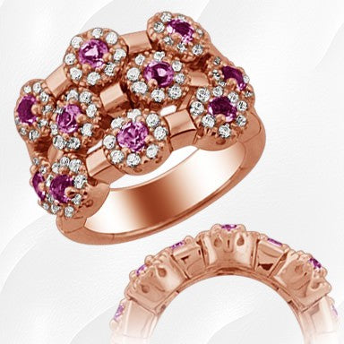 22-R2325 - 18K Rose Gold Over Sterling Silver Rhodolite Gemstone & Cubic Zirconia Halo Ten Stone Dream Fit Flex Ring