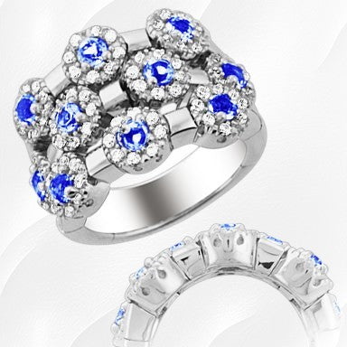 22-T2325 - 18K White Gold Over Sterling Silver Tanzanite Gemstone & Cubic Zirconia Halo Ten Stone Dream Fit Flex Ring
