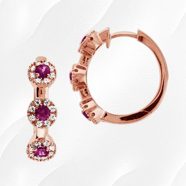 34-R0232 - 18K Rose Gold Over Sterling Silver Rhodolite Gemstone & Cubic Zirconia Halo Station 1" Oval Hoop Flex Earrings