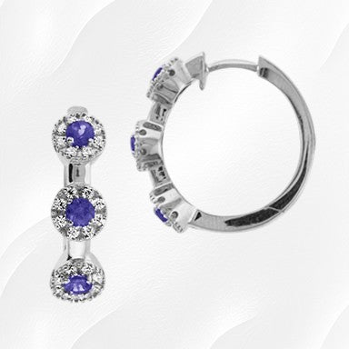 34-T0232 - 18K White Gold Over Sterling Silver Tanzanite Gemstone & Cubic Zirconia Halo Station 1" Oval Hoop Flex Earrings
